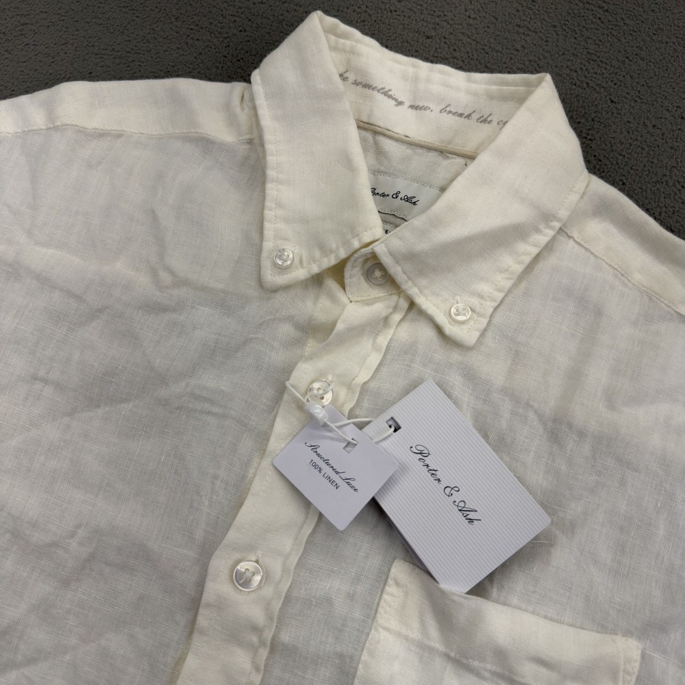 Porter & Ash Button Down Camp Shirt Mens L 100% Linen‎ Cream Short Sleeve Beach